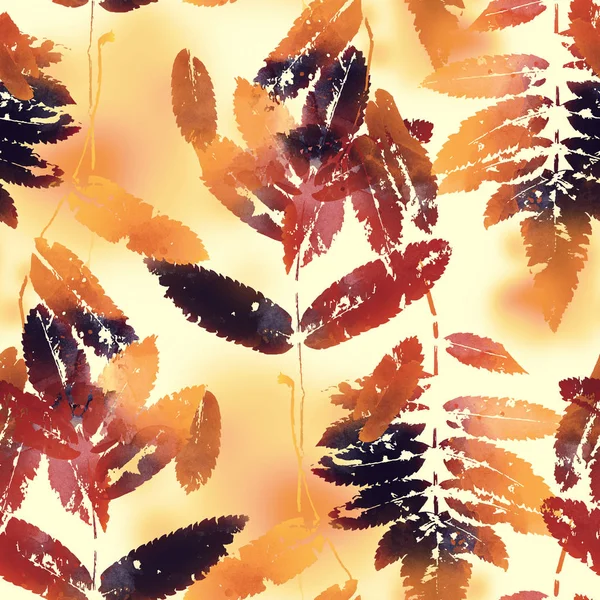 Repeat Seamless Pattern Watercolour Imprints Fallen Leaves Mountain Ash — Stock Photo, Image