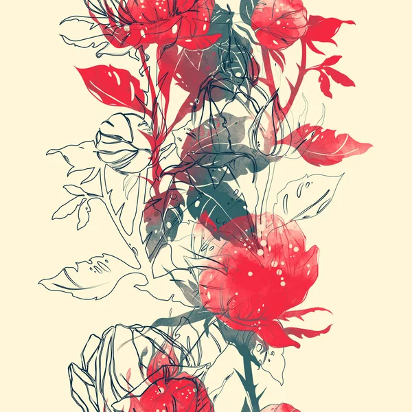 Prägt Rosen Blätter Stängel Dornen Knospen Blumen Mischen Nahtlose Muster — Stockfoto