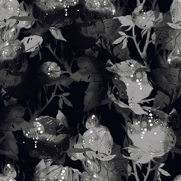 Отпечаток Розы Листья Стебли Шипы Почки Цветы Смесь Повторяет Бесшовный — стоковое фото