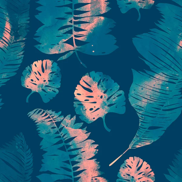 Imprints Abstract Tropical Leaves Mix Repeat Seamless Pattern Digital Hand — Stock Photo, Image