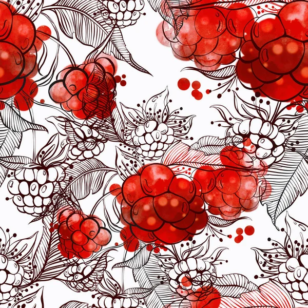 imprints raspberry berries mix repeat seamless pattern. digital hand drawn picture with watercolour texture. mixed