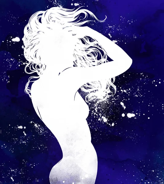 Dance alone in the universe. A young naked girl with long hair is dancing against stars and galaxies. Digital hand