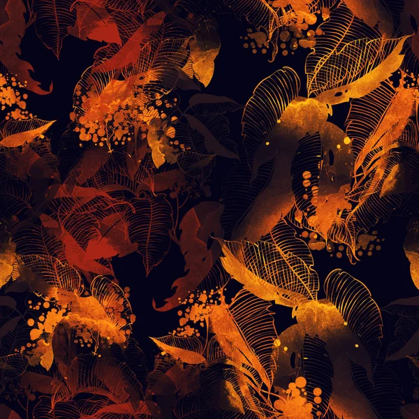 Digitales Handgezeichnetes Nahtloses Muster Mit Aquarellabdrücken Von Trockenen Blättern Und — Stockfoto