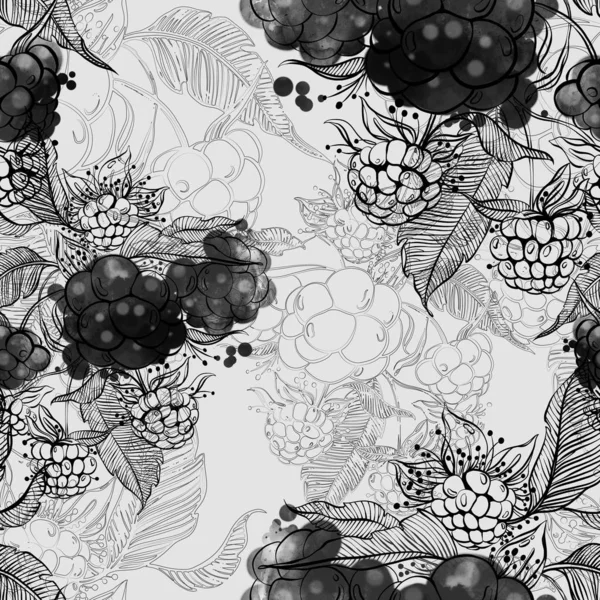 Imprints Raspberry Berries Mix Repeat Seamless Pattern Digital Hand Drawn — Stock Photo, Image