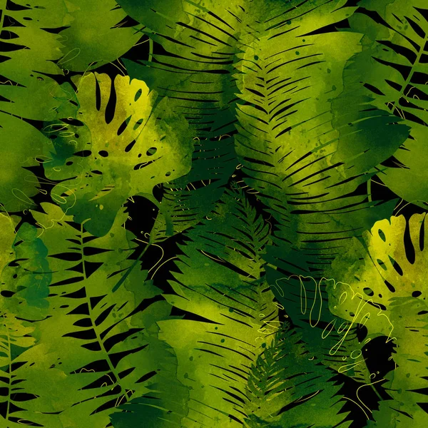 Imprints Abstract Tropical Leaves Mix Repeat Seamless Pattern Digital Hand — Stock Photo, Image