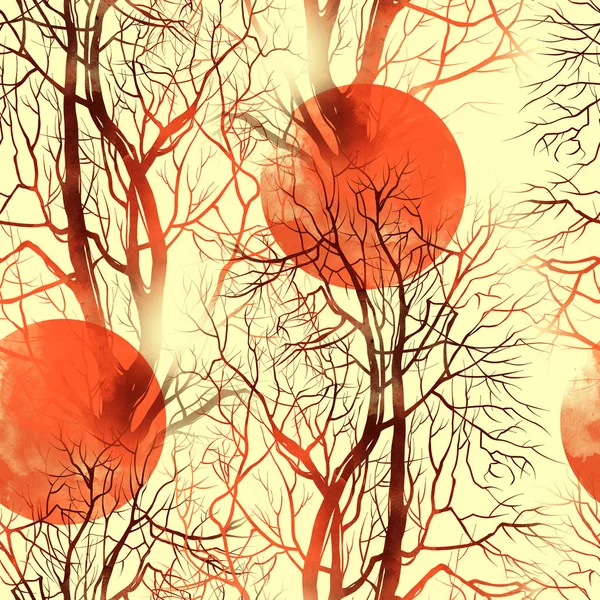 Смесь Повторяется Бесшовный Узор Отпечатками Мистических Деревьев Японском Стиле Цифровой — стоковое фото