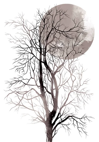 数字手绘图片与水彩画纹理的神秘树与月亮在日本风格 — 图库照片