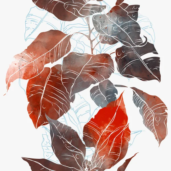 ミックス出版社抽象的なポインセチアのシームレスなパターンの葉 水彩テクスチャとデジタル手描き下ろし画像を繰り返す — ストック写真