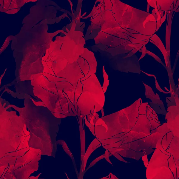 Czerwone Róże Akwarela Bezszwowe Tło — Zdjęcie stockowe