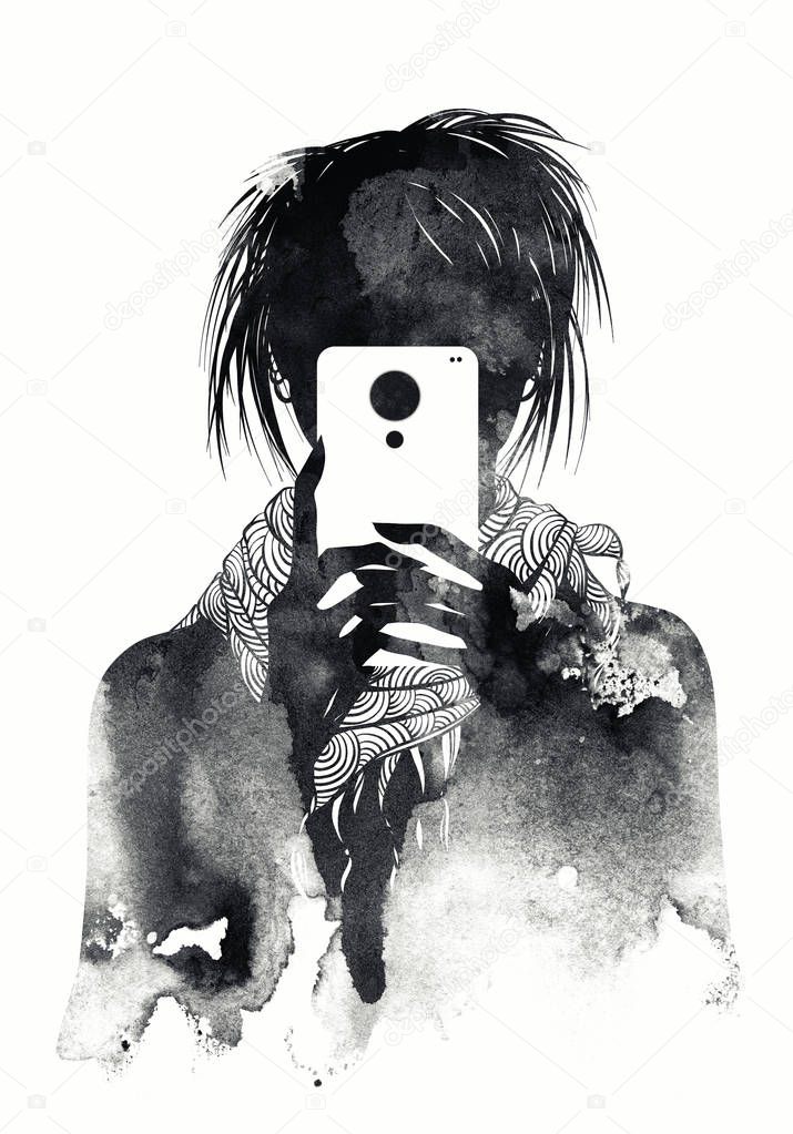 digital art illustration of woman taking selfie 