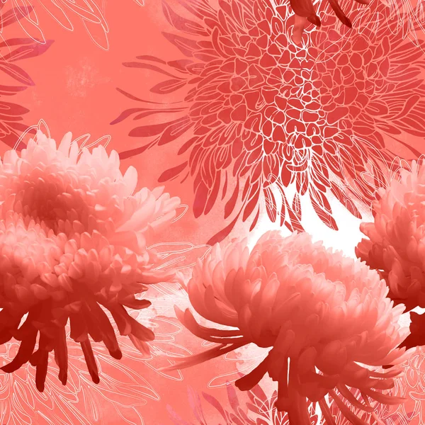 日本菊花颜色活珊瑚 照片和水彩画纹理 混合重复无缝模式 混合媒体 — 图库照片
