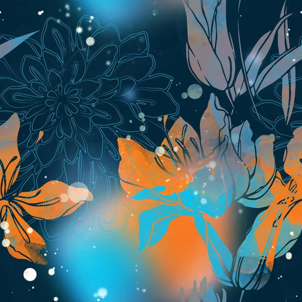 Otisky Lilie Chryzantémy Mix Opakujeme Vzor Bezešvé Digitální Ruční Nakreslený — Stock fotografie