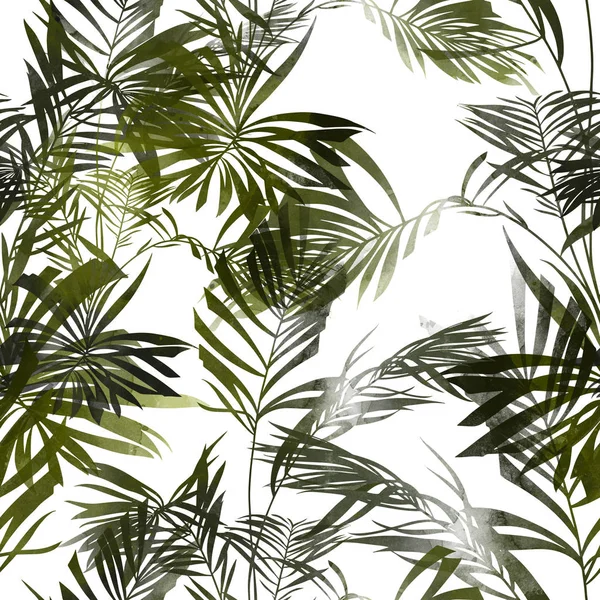 Imprints Palm Leaves Mix Repeat Seamless Pattern Digital Hand Drawn — Stock Photo, Image