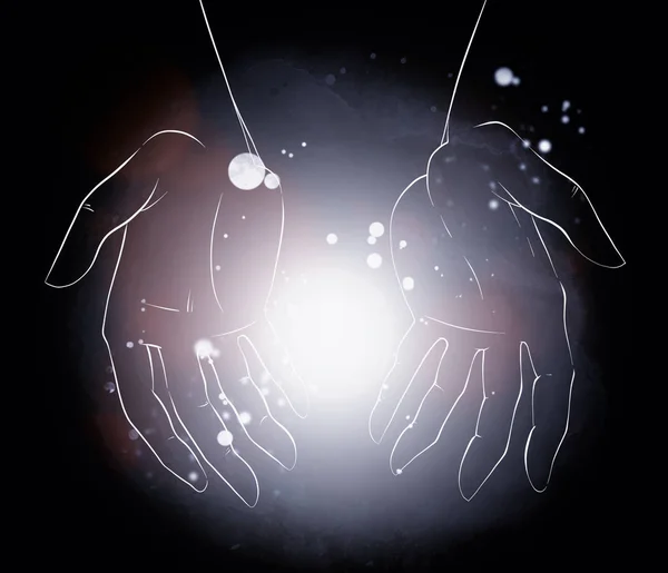 Спільна Надія Руки Наповнені Світлом Цифрова Намальована Рука Акварельною Текстурою — стокове фото