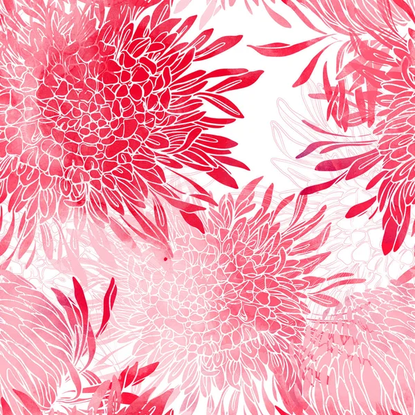 印迹日本菊花混合重复无缝图案 具有水彩画纹理的数字手绘图片 — 图库照片