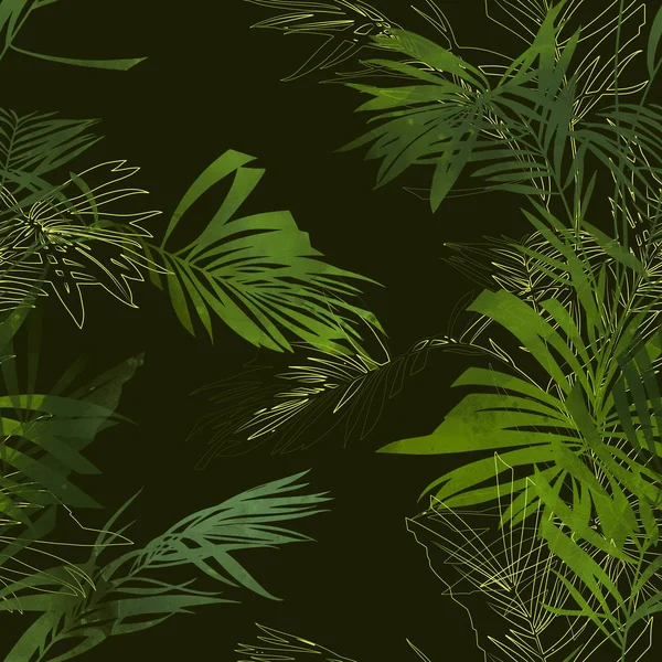 Imprints Palm Leaves Mix Repeat Seamless Pattern Digital Hand Drawn — Stock Photo, Image