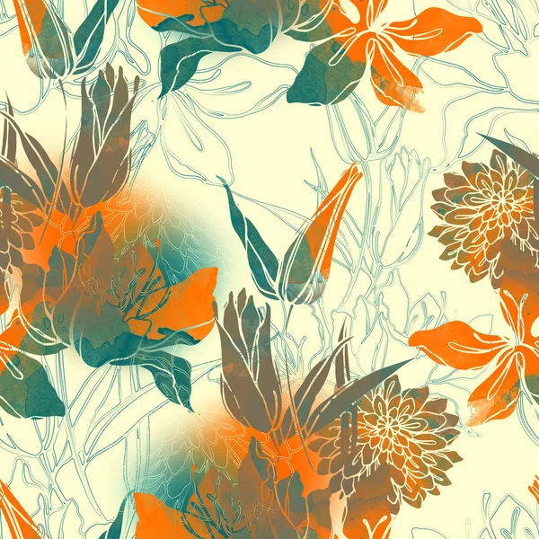 Abdrücke Von Lilien Und Chrysanthemen Mischen Sich Mit Einem Nahtlosen — Stockfoto