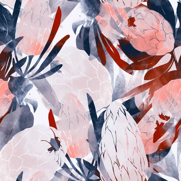 Varrat Nélküli Mintázat Lenyomatokat Protea Virágok Levelek — Stock Fotó