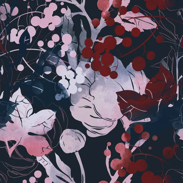 Sömlöst Mönster Med Avtryck Abstrakta Blommor Bär Och Löv — Stockfoto