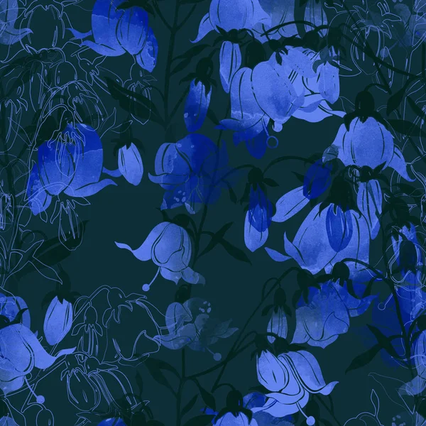 Napodobené Kvetoucí Zvon Květiny Bezešvé Digitální Akvarel — Stock fotografie