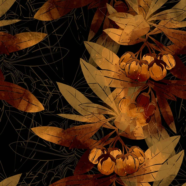 印记芽和叶无缝图案 数字水彩纹理 — 图库照片