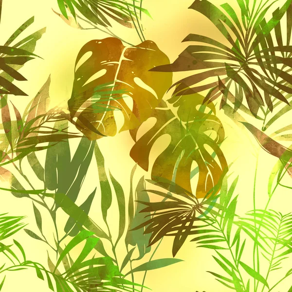 Seamless Pattern Imprints Bamboo Monstera Palm Tree Leaves — Stock Photo, Image