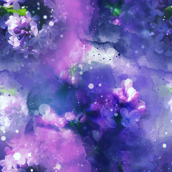 blooming lilac seamless pattern, digital watercolour texture