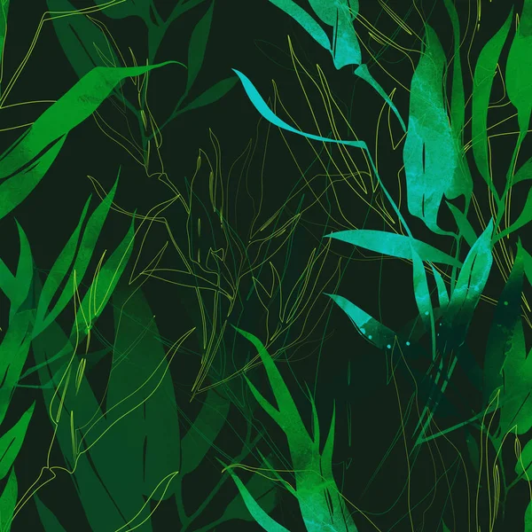 Seamless Pattern Imprints Bamboo Leaves Black Background — Stock Photo, Image
