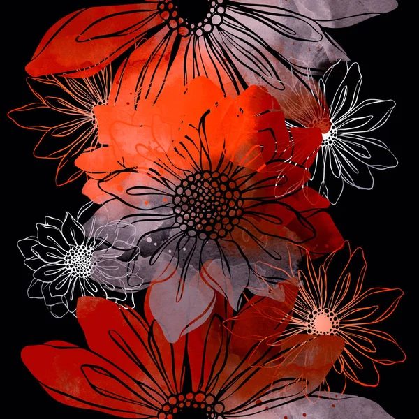 Ενιαία Μοτίβο Των Αποτυπωμάτων Λουλούδια Ψηφιακή Υδατογραφία Υφή — Φωτογραφία Αρχείου