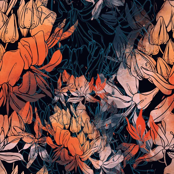 Lenyomatok Virágok Varratmentes Mintája Digitális Akvarell Textúra — Stock Fotó
