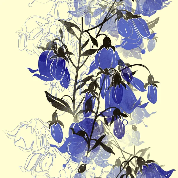 Αποτυπώματα Άνθισμα Καμπάνα Λουλούδια Χωρίς Ραφές Ψηφιακή Υδατογραφία Υφή — Φωτογραφία Αρχείου