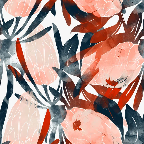 Bezešvé Vzory Otisky Protea Květinami Listy — Stock fotografie