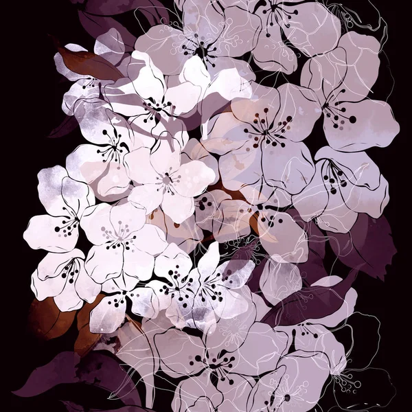 Imprints Blooming Apple Tree Flowers Seamless Pattern Digital Watercolour Texture — Stock Photo, Image