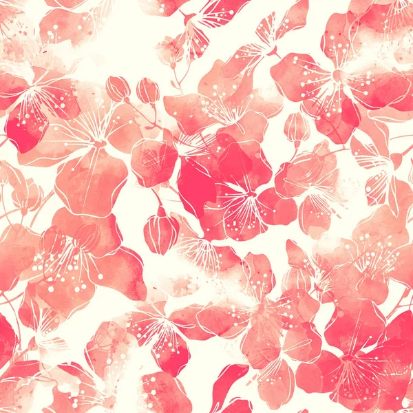 无缝图案与印记盛开野生樱桃 数字水彩纹理 — 图库照片