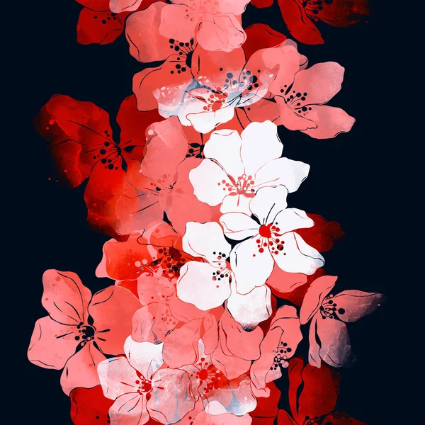 リンゴの木の花を咲かせるインプリントシームレスなパターン デジタル水彩の質感 — ストック写真