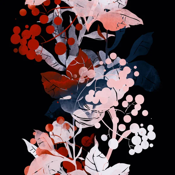 Bezszwowy Wzór Nadrukami Abstrakcyjne Kwiaty Jagody Liście — Zdjęcie stockowe