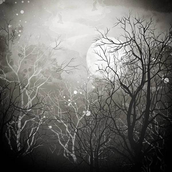 印记树枝和月亮在黑暗 数字水彩纹理 — 图库照片