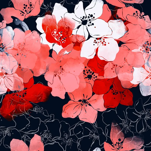 Imprime Florescendo Flores Macieira Padrão Sem Costura Textura Aquarela Digital — Fotografia de Stock