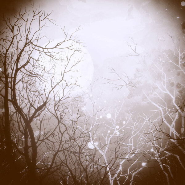 Imprints trees branches and moon in dark, digital watercolour texture