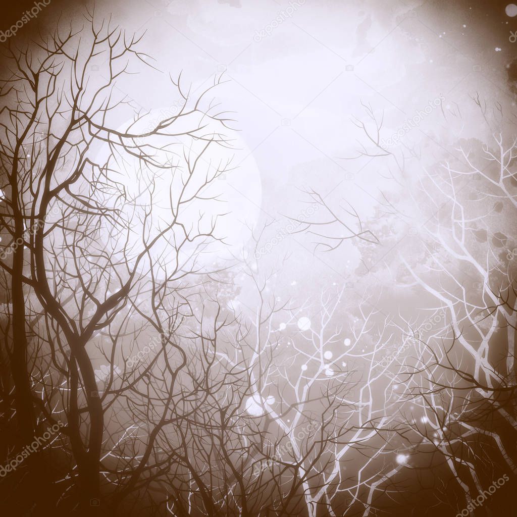 imprints trees branches and moon in dark, digital watercolour texture