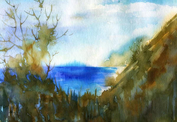 mountains and sea abstract watercolor landscape