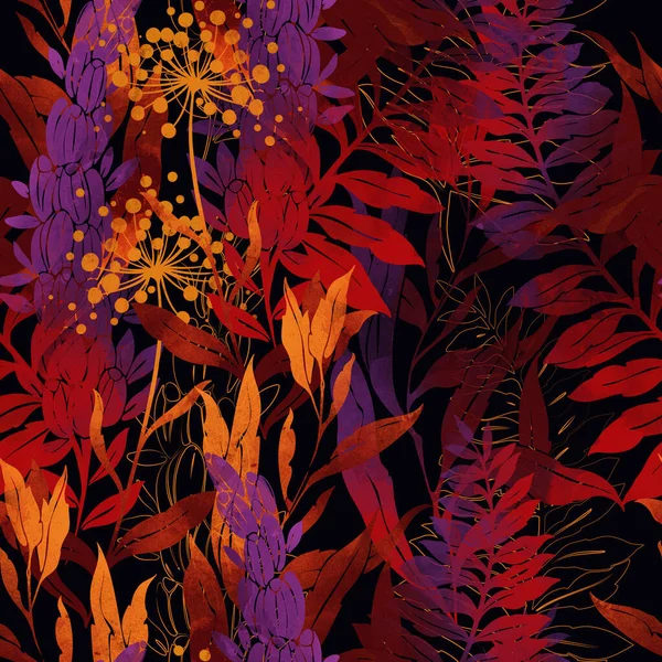 실루엣은 물갈퀴없는 초원의 모습을 보여준다 수채화와 수채화를 디지털 미디어 식물학적 — 스톡 사진