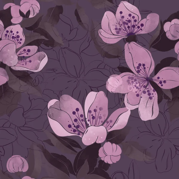 Vintage Abdrücke Blühenden Wildkirsche Mischung Wiederholen Nahtlose Muster Digitales Handgezeichnetes — Stockfoto