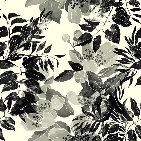 Sziluett Virágok Gyógynövények Zökkenőmentes Minta Digitális Kézzel Rajzolt Kép Akvarell — Stock Fotó