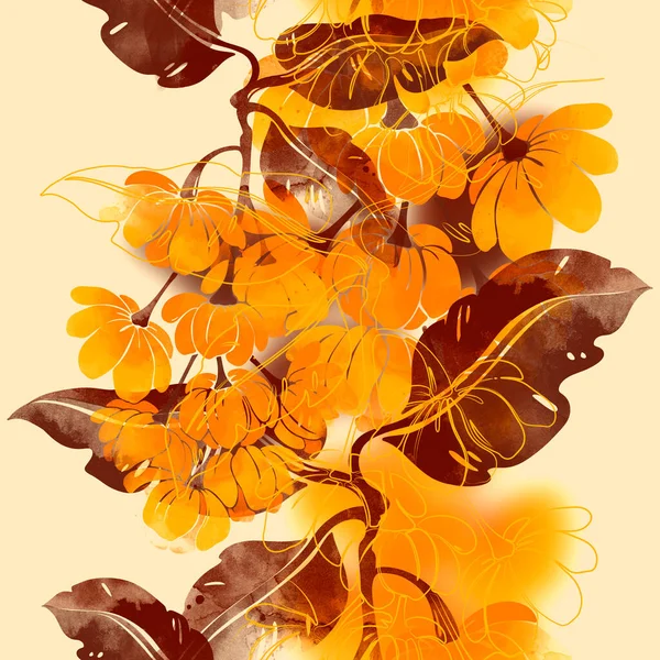 실루엣 초원의 꽃들은 솔기없는 무늬를 가지고 있습니다 수채화와 수채화를 디지털 — 스톡 사진