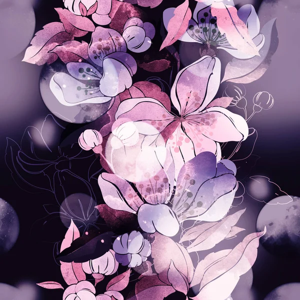 ヴィンテージは 野生の桜を開花Imprints ミックス繰り返しシームレスパターン 水彩感のあるデジタル手描きの絵 メディア アートワーク テキスタイル装飾とデザインのためのヴィンテージ無限のモチーフ — ストック写真