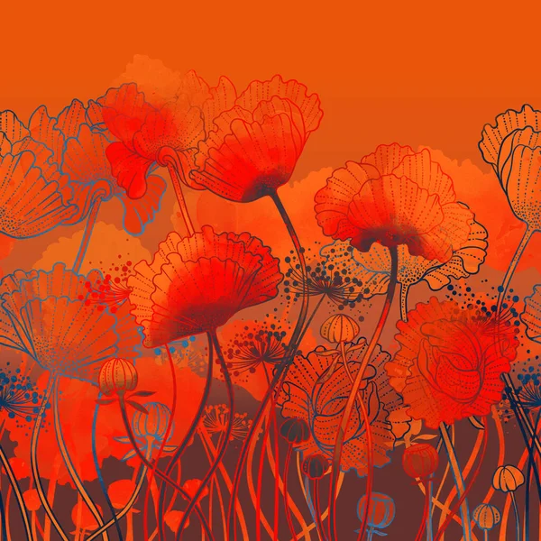 シルエット牧草地はシームレスな境界をポップ 水彩感のあるデジタル手描きの絵 メディア アートワーク テキスタイル装飾や植物のデザインのための無限のモチーフ — ストック写真