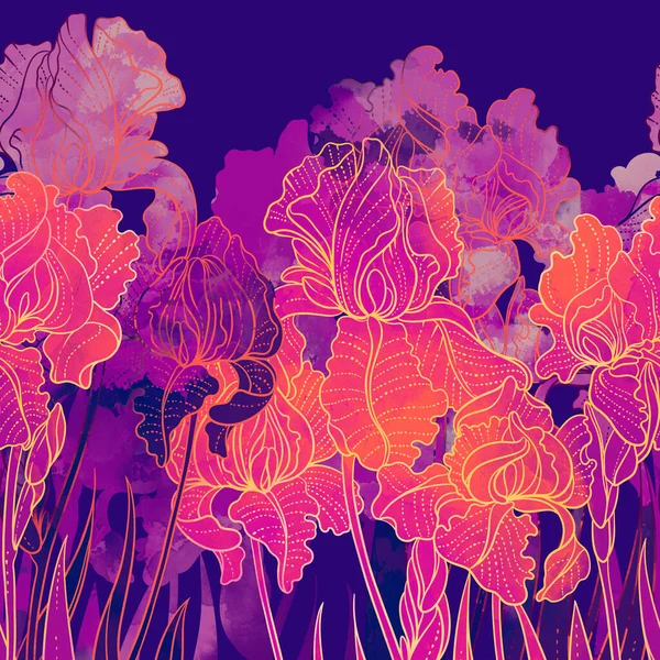 Silhouette Iris Nahtlose Grenze Digitales Handgezeichnetes Bild Mit Aquarellierter Textur — Stockfoto
