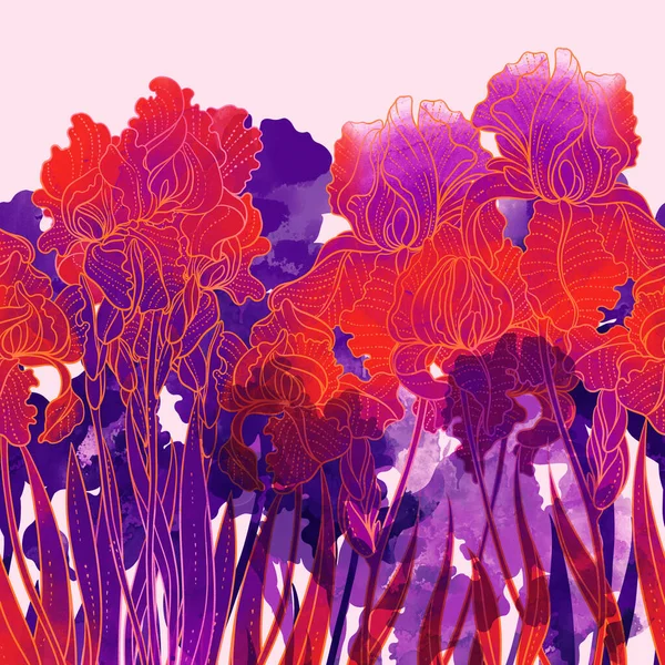Σιλουέτα Irises Απρόσκοπτη Σύνορα Ψηφιακή Ζωγραφισμένη Στο Χέρι Εικόνα Υδατογραφία — Φωτογραφία Αρχείου