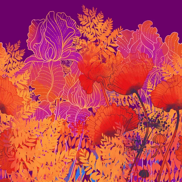 Prägt Silhouetten Wiese Gras Und Blumen Nahtlose Grenze Digitales Handgezeichnetes — Stockfoto